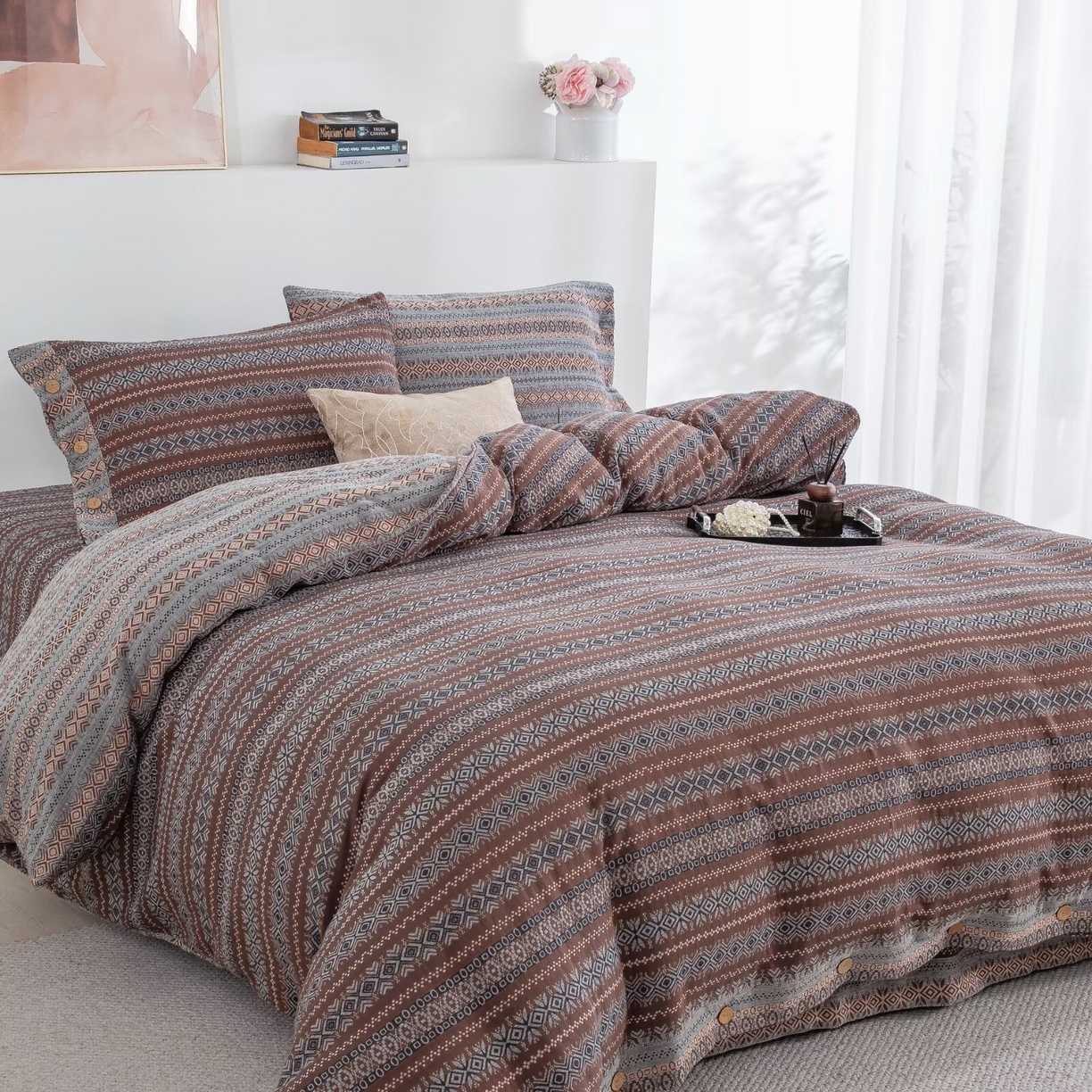 91家纺网 家纺一手货源 找家纺 仰望棉麻双层纱供应链 2025新款全棉色织提花双层纱四件套-波西米亚狂想曲 波西米亚-纽扣款