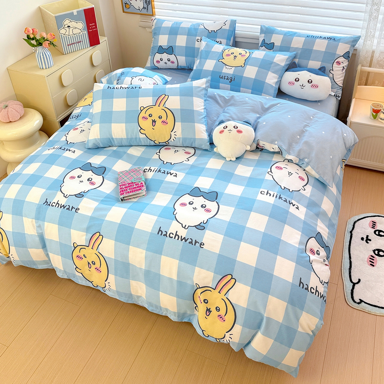 91家纺网 家纺一手货源 找家纺 朵希曼2026新款吉伊卡哇全棉印花四件套系列 格子吉伊卡哇