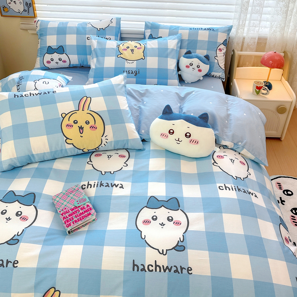 91家纺网 家纺一手货源 找家纺 朵希曼2026新款吉伊卡哇全棉印花四件套系列 格子吉伊卡哇