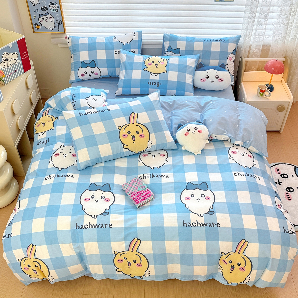 91家纺网 家纺一手货源 找家纺 朵希曼2026新款吉伊卡哇全棉印花四件套系列 格子吉伊卡哇