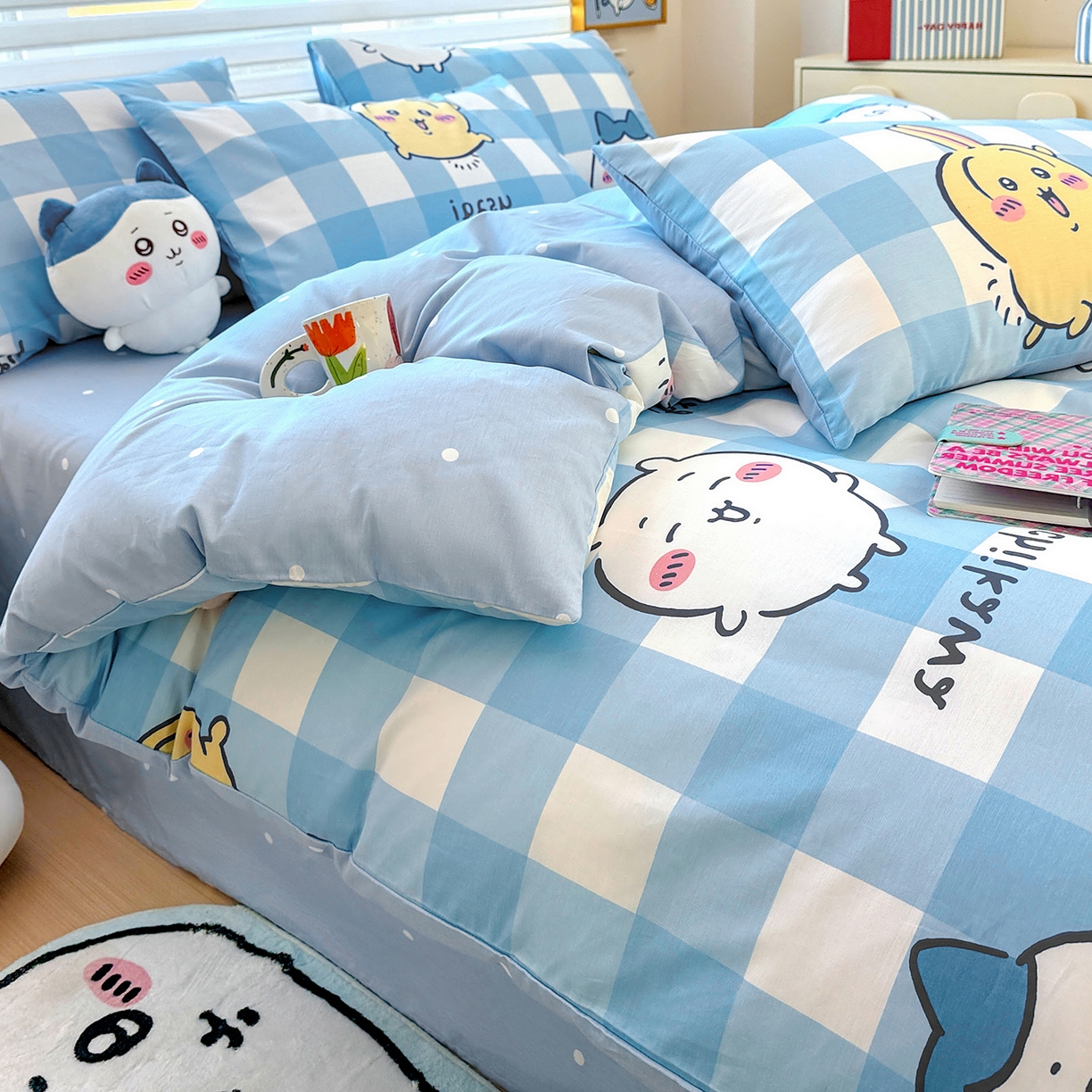 91家纺网 家纺一手货源 找家纺 朵希曼2026新款吉伊卡哇全棉印花四件套系列 格子吉伊卡哇