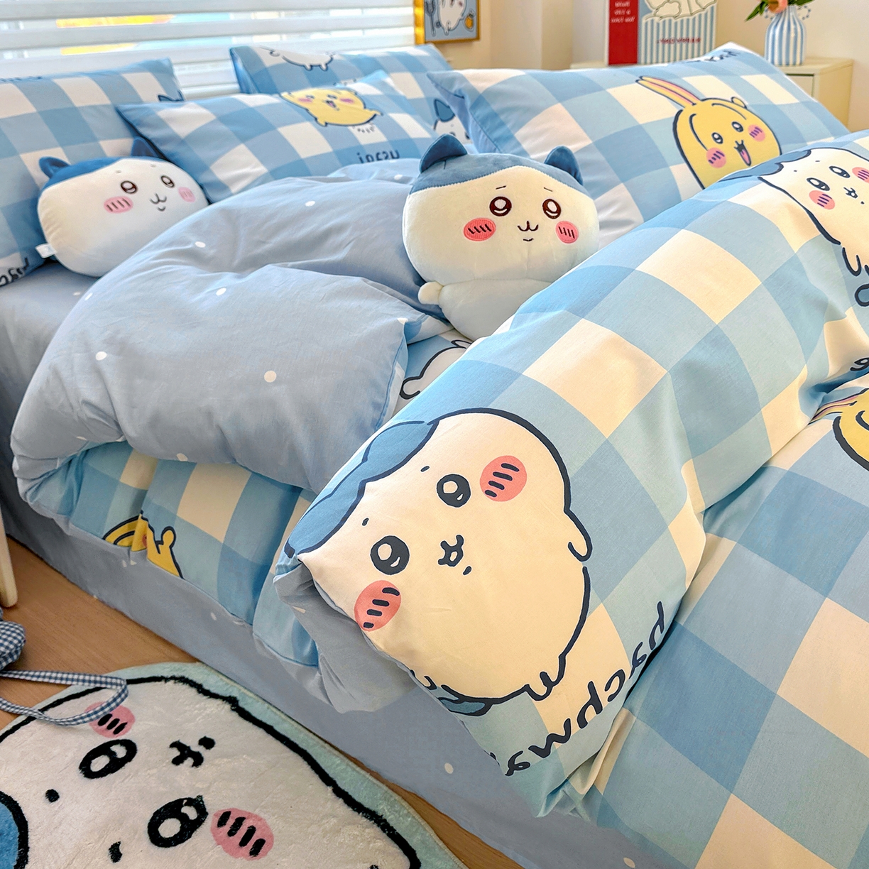 91家纺网 家纺一手货源 找家纺 朵希曼2026新款吉伊卡哇全棉印花四件套系列 格子吉伊卡哇