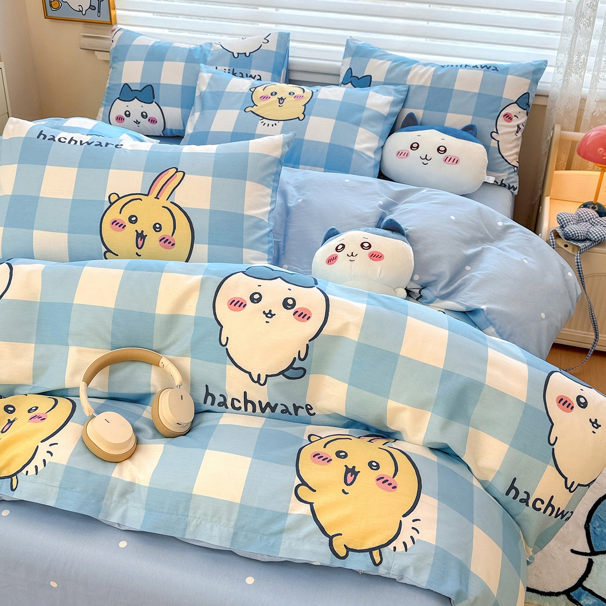 91家纺网 家纺一手货源 找家纺 朵希曼2026新款吉伊卡哇全棉印花四件套系列 格子吉伊卡哇