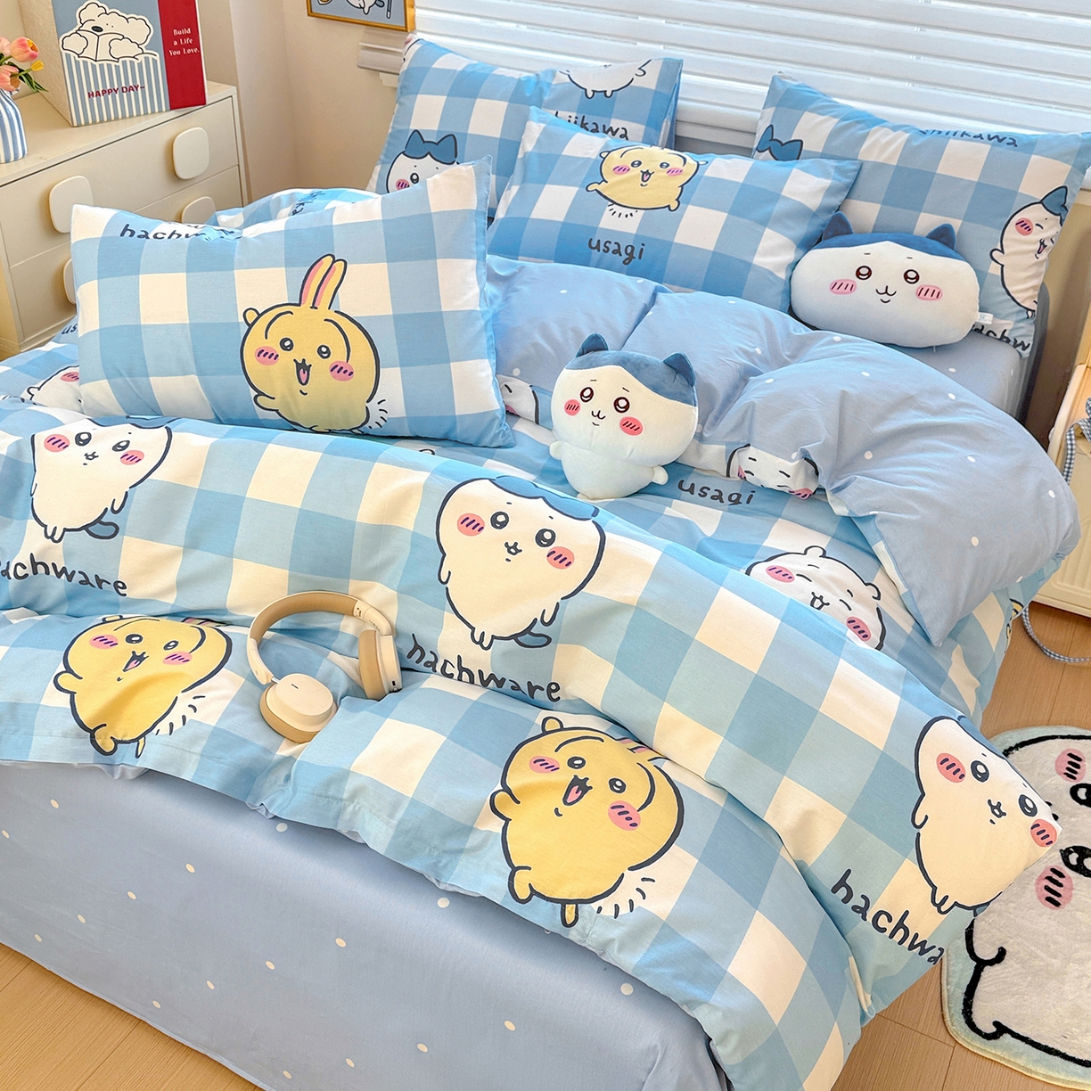 91家纺网 家纺一手货源 找家纺 朵希曼2026新款吉伊卡哇全棉印花四件套系列 格子吉伊卡哇