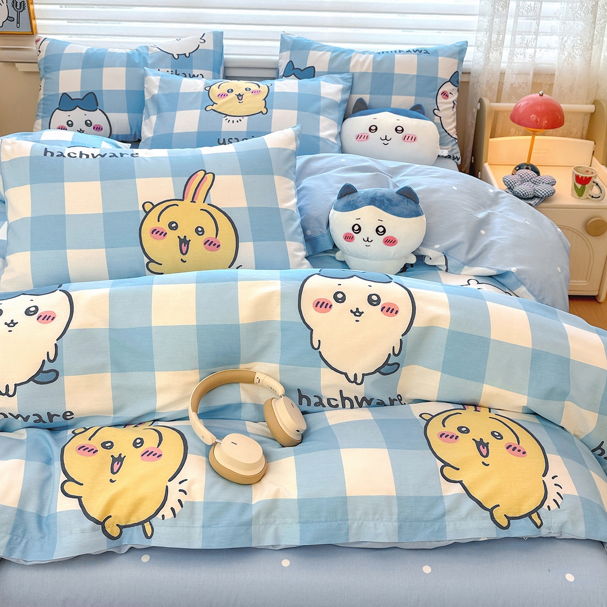 91家纺网 家纺一手货源 找家纺 朵希曼2026新款吉伊卡哇全棉印花四件套系列 格子吉伊卡哇