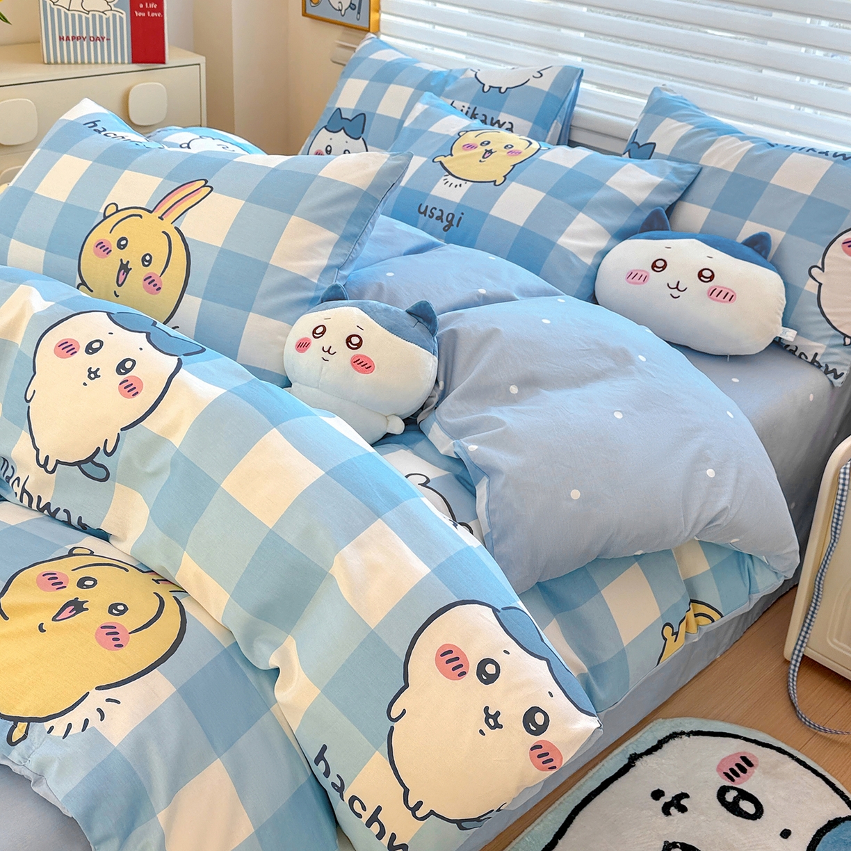 91家纺网 家纺一手货源 找家纺 朵希曼2026新款吉伊卡哇全棉印花四件套系列 格子吉伊卡哇