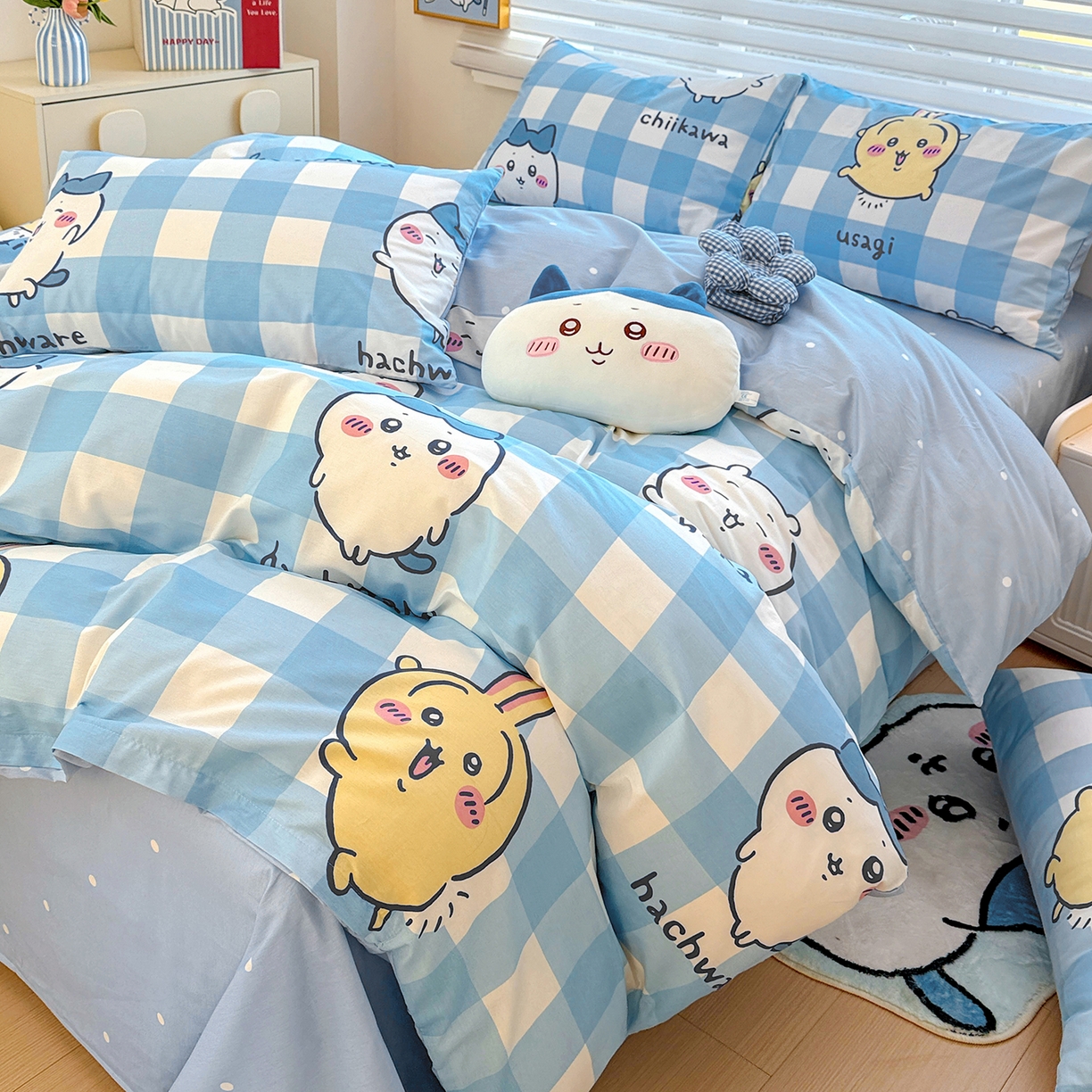 91家纺网 家纺一手货源 找家纺 朵希曼2026新款吉伊卡哇全棉印花四件套系列 格子吉伊卡哇