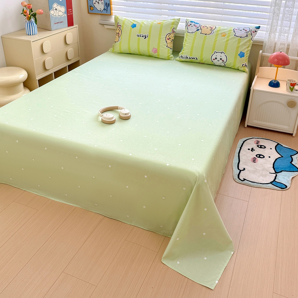 91家纺网 家纺一手货源 找家纺 朵希曼2026新款吉伊卡哇全棉印花四件套系列 绿条纹吉伊卡哇