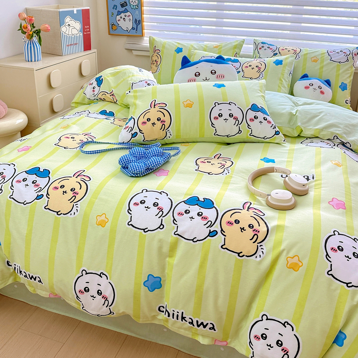 91家纺网 家纺一手货源 找家纺 朵希曼2026新款吉伊卡哇全棉印花四件套系列 绿条纹吉伊卡哇