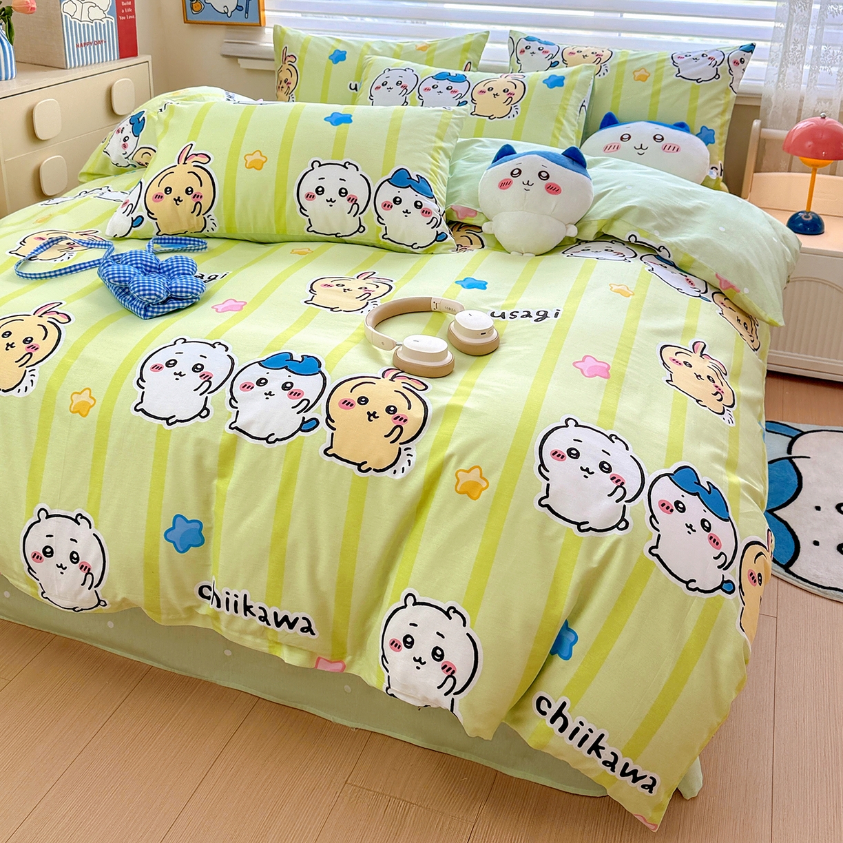 91家纺网 家纺一手货源 找家纺 朵希曼2026新款吉伊卡哇全棉印花四件套系列 绿条纹吉伊卡哇