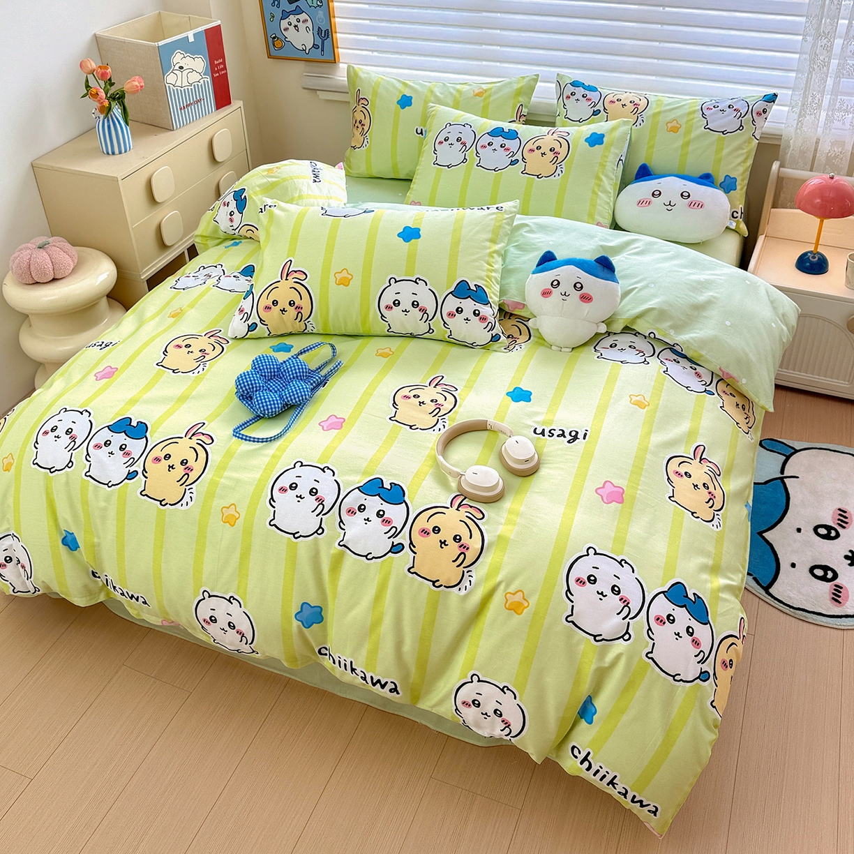 91家纺网 家纺一手货源 找家纺 朵希曼2026新款吉伊卡哇全棉印花四件套系列 绿条纹吉伊卡哇