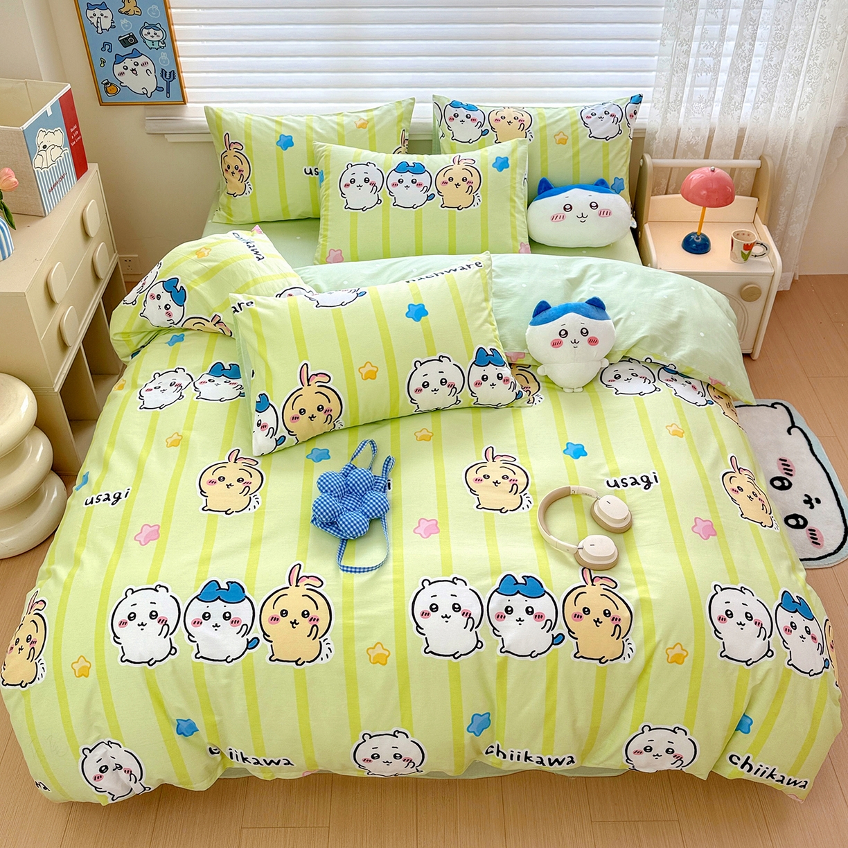 91家纺网 家纺一手货源 找家纺 朵希曼2026新款吉伊卡哇全棉印花四件套系列 绿条纹吉伊卡哇