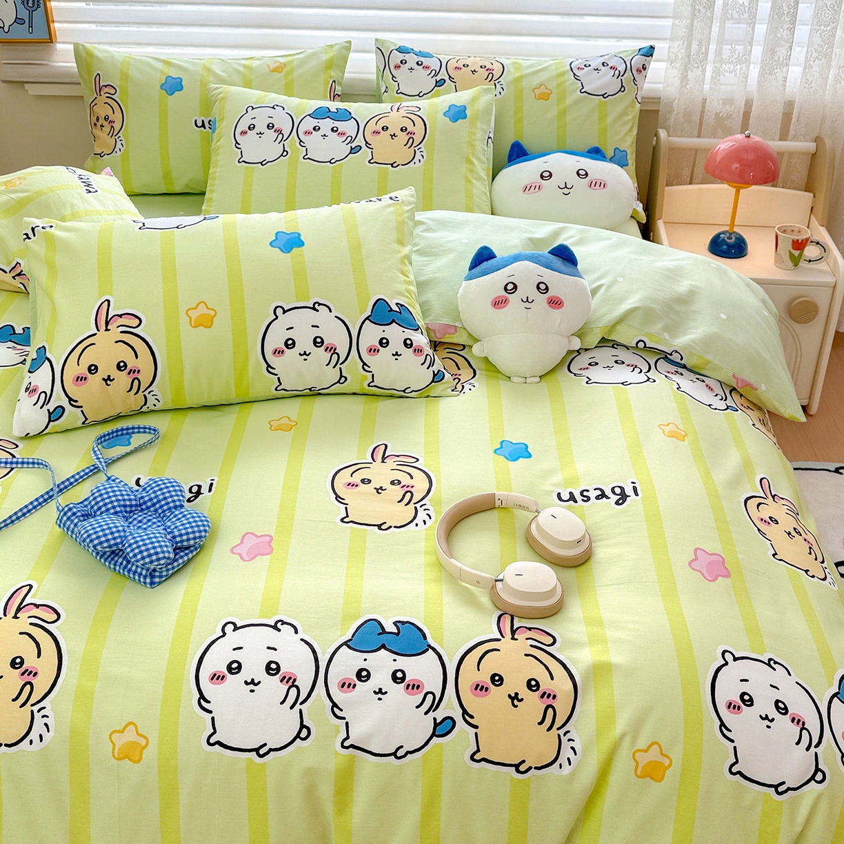 91家纺网 家纺一手货源 找家纺 朵希曼2026新款吉伊卡哇全棉印花四件套系列 绿条纹吉伊卡哇