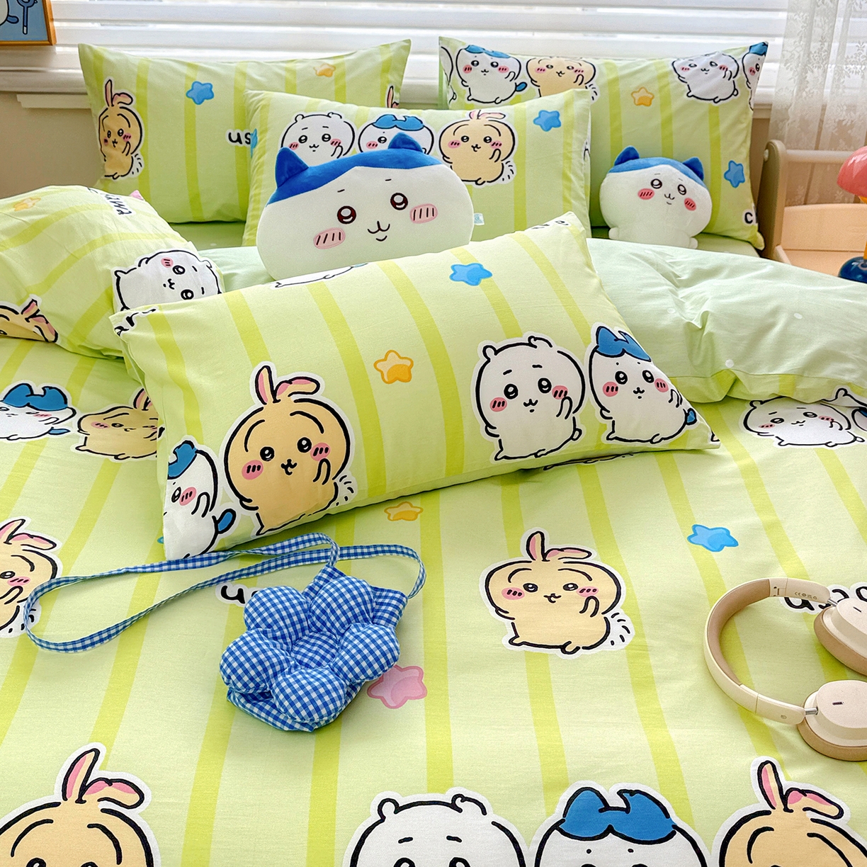 91家纺网 家纺一手货源 找家纺 朵希曼2026新款吉伊卡哇全棉印花四件套系列 绿条纹吉伊卡哇