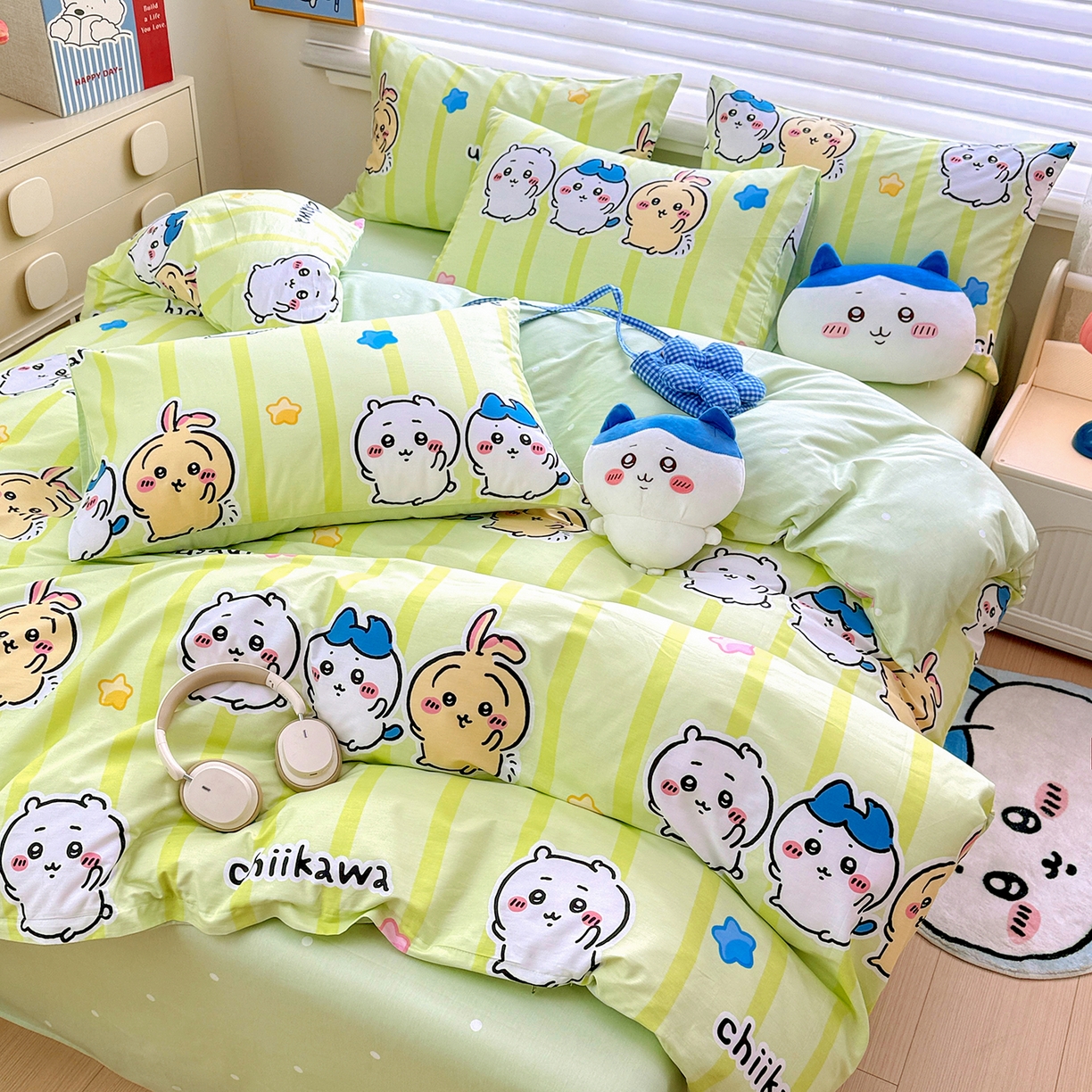 91家纺网 家纺一手货源 找家纺 朵希曼2026新款吉伊卡哇全棉印花四件套系列 绿条纹吉伊卡哇