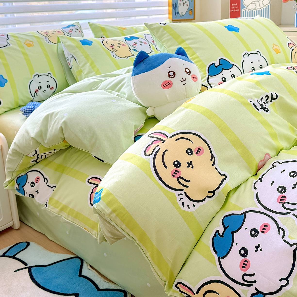 91家纺网 家纺一手货源 找家纺 朵希曼2026新款吉伊卡哇全棉印花四件套系列 绿条纹吉伊卡哇