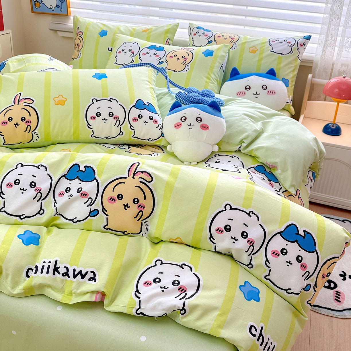 91家纺网 家纺一手货源 找家纺 朵希曼2026新款吉伊卡哇全棉印花四件套系列 绿条纹吉伊卡哇