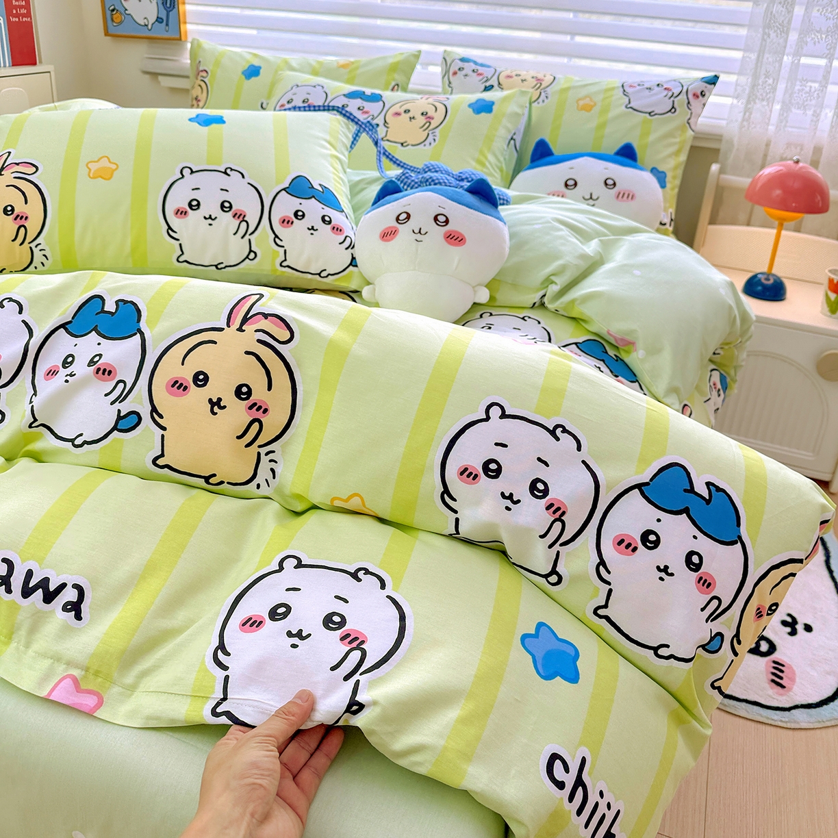 91家纺网 家纺一手货源 找家纺 朵希曼2026新款吉伊卡哇全棉印花四件套系列 绿条纹吉伊卡哇