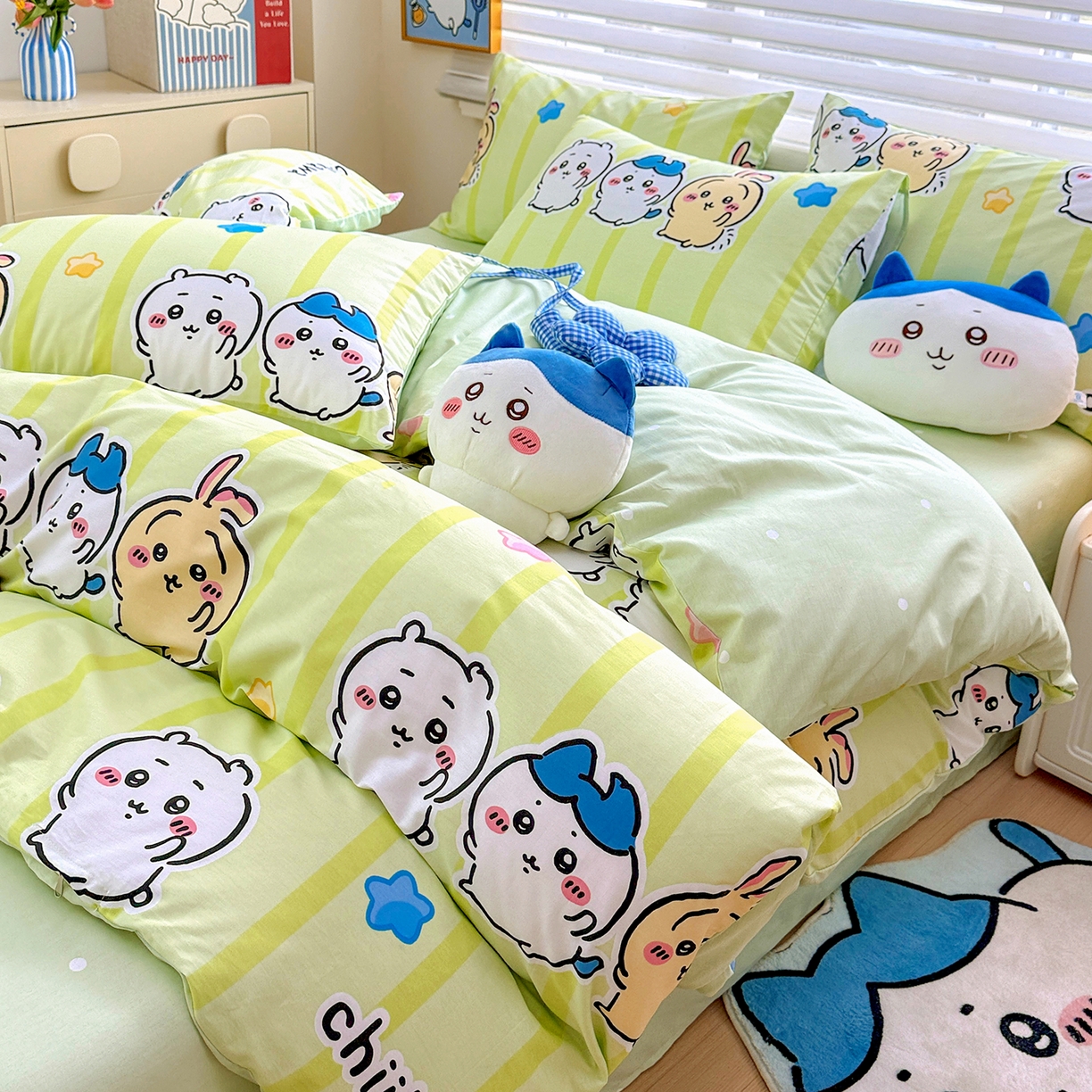 91家纺网 家纺一手货源 找家纺 朵希曼2026新款吉伊卡哇全棉印花四件套系列 绿条纹吉伊卡哇