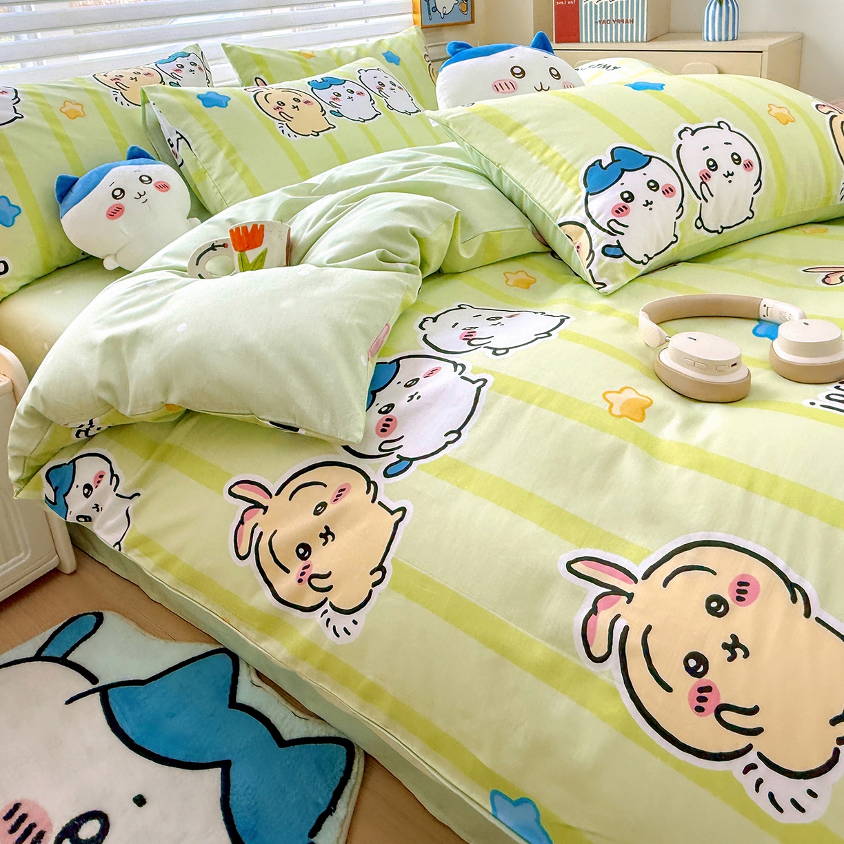 91家纺网 家纺一手货源 找家纺 朵希曼2026新款吉伊卡哇全棉印花四件套系列 绿条纹吉伊卡哇