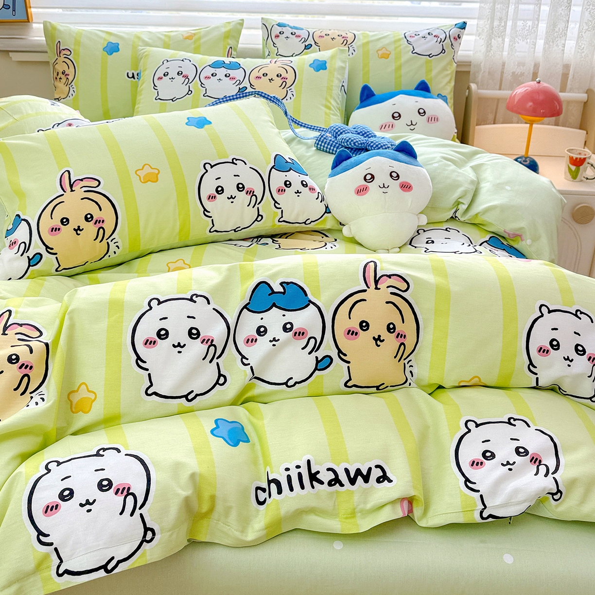 91家纺网 家纺一手货源 找家纺 朵希曼2026新款吉伊卡哇全棉印花四件套系列 绿条纹吉伊卡哇