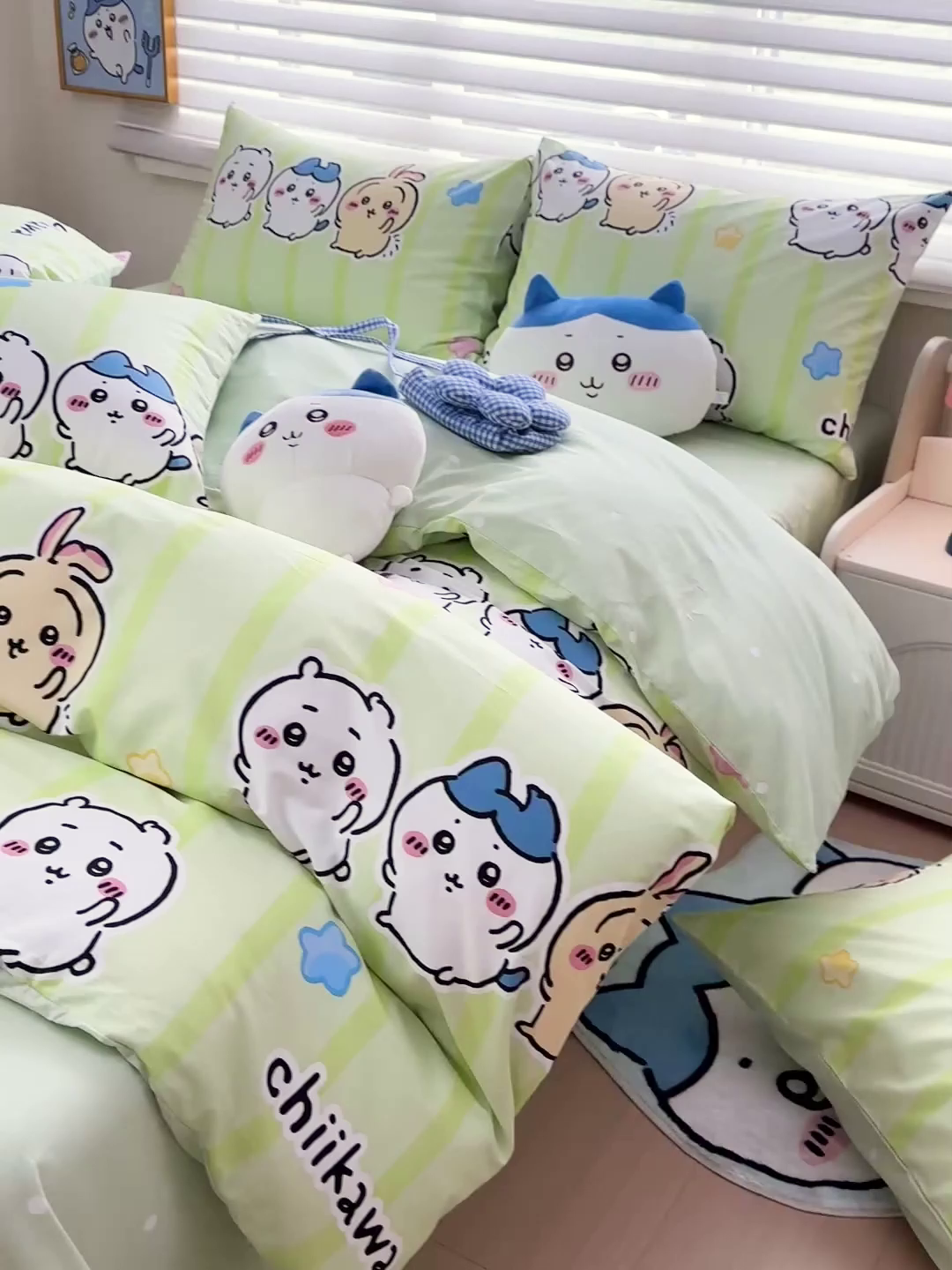 91家纺网 家纺一手货源 找家纺 朵希曼2026新款吉伊卡哇全棉印花四件套系列 绿条纹吉伊卡哇