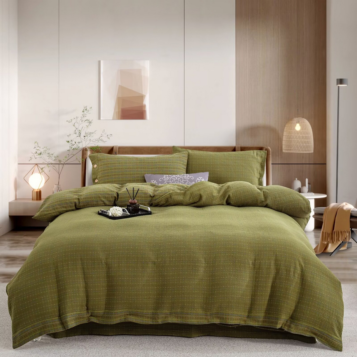 91家纺网 家纺一手货源 找家纺 （总）仰望棉麻双层纱供应链 2025新款全棉色织提花双层纱四件套-彩虹格