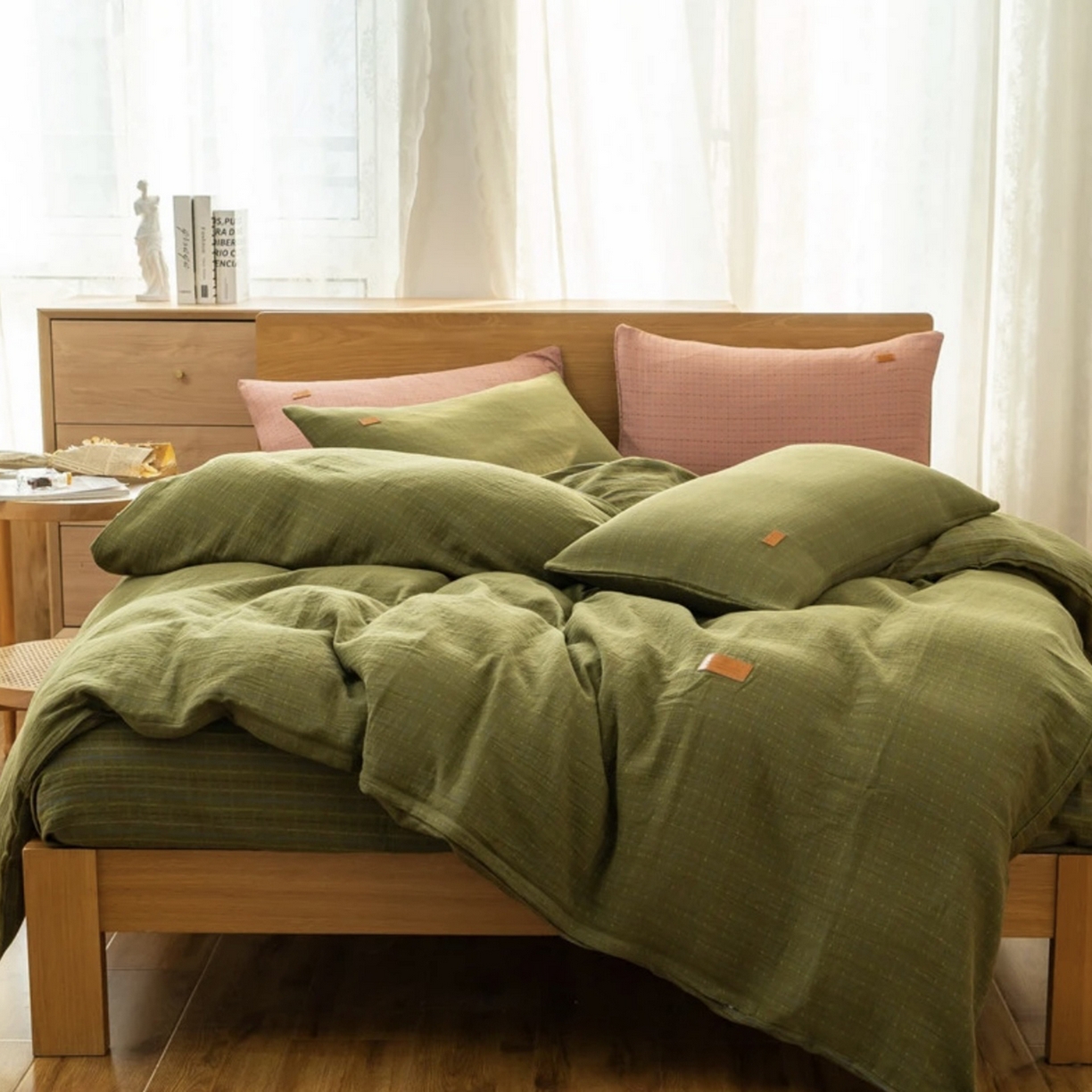 91家纺网 家纺一手货源 找家纺 （总）仰望棉麻双层纱供应链 2025新款全棉色织提花双层纱四件套-彩虹格