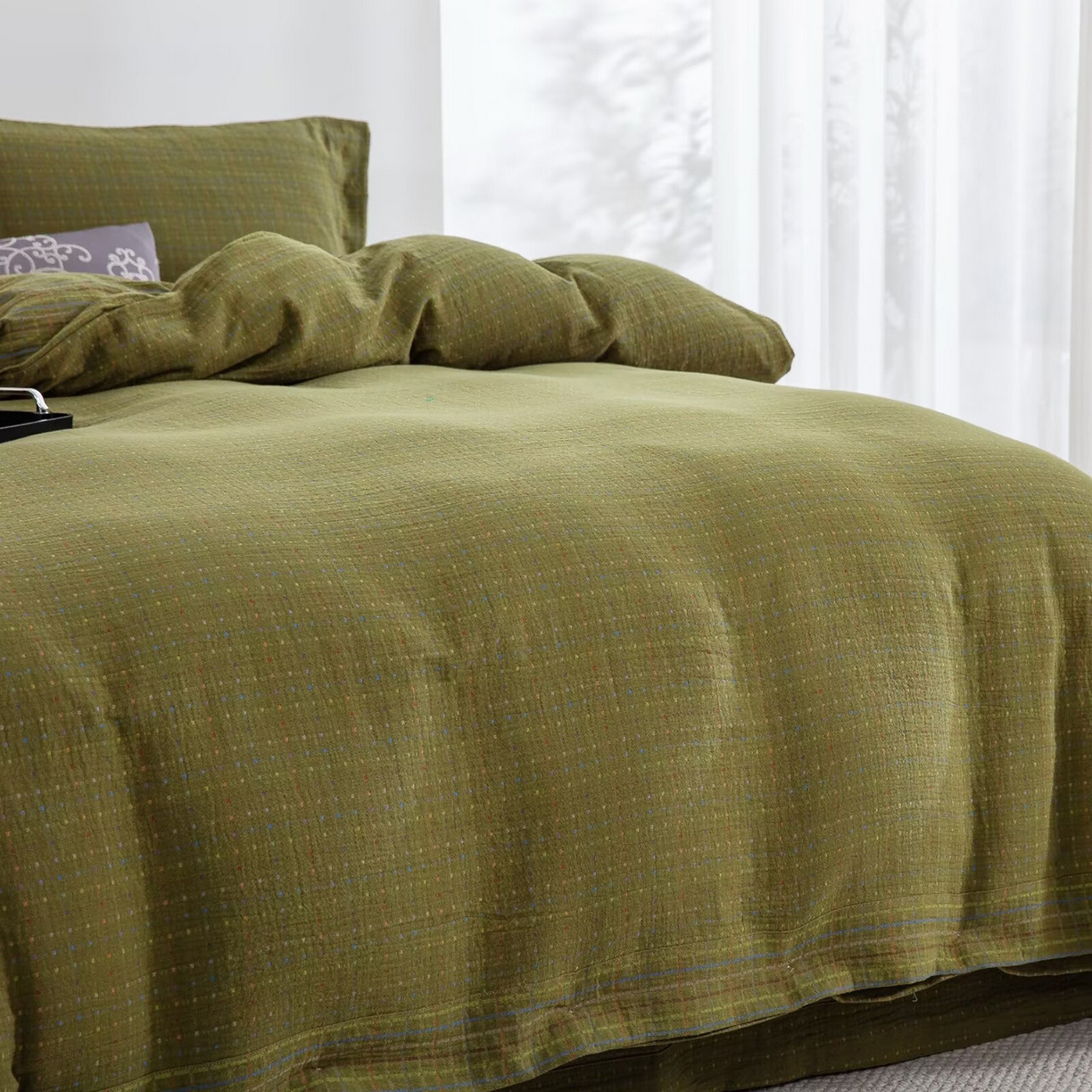 91家纺网 家纺一手货源 找家纺 仰望棉麻双层纱供应链 2025新款全棉色织提花双层纱四件套-彩虹格 彩虹格-绿纽扣款