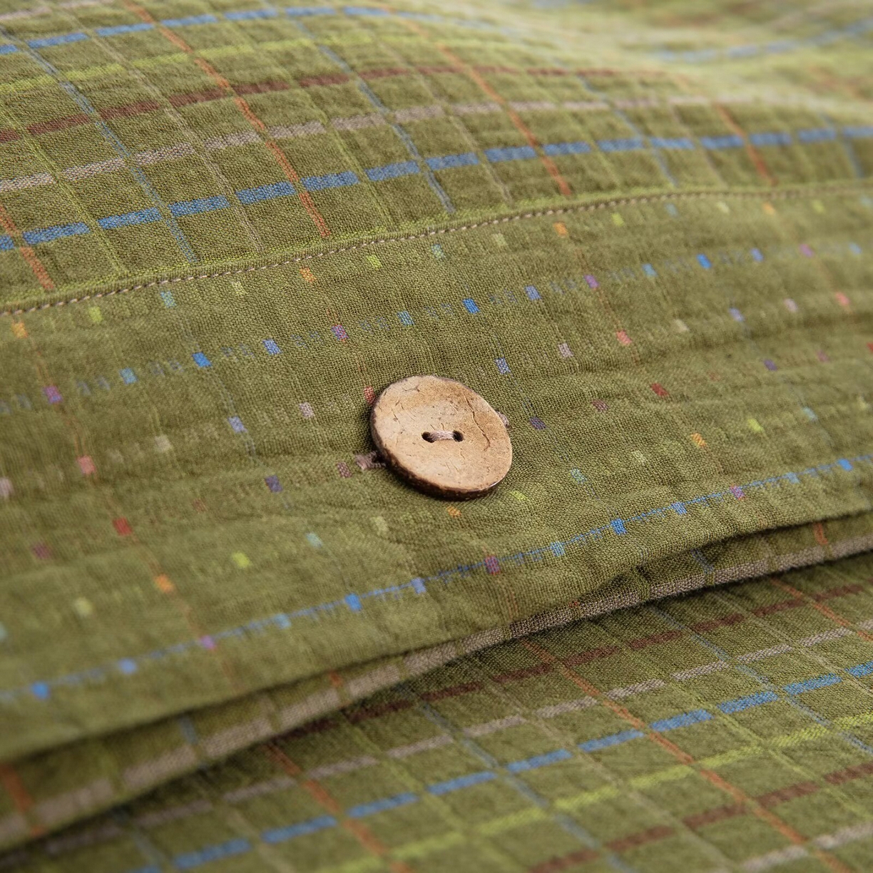 91家纺网 家纺一手货源 找家纺 仰望棉麻双层纱供应链 2025新款全棉色织提花双层纱四件套-彩虹格 彩虹格-绿纽扣款