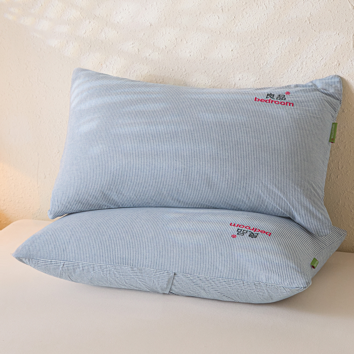 芬晴家纺 2026新款条纹纯色良品刺绣枕套 条纹-牛仔蓝