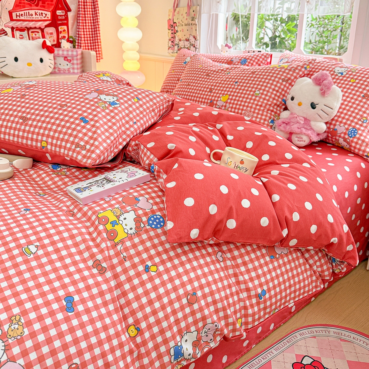 91家纺网 家纺一手货源 找家纺 朵希曼 2026新款三丽鸥全棉印花四件套系列 红格凯蒂