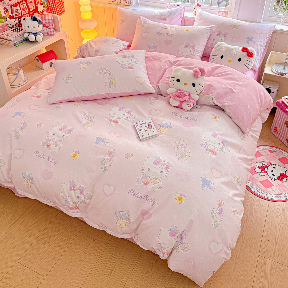 91家纺网 家纺一手货源 找家纺 朵希曼 2026新款三丽鸥全棉印花四件套系列 蘑菇凯蒂