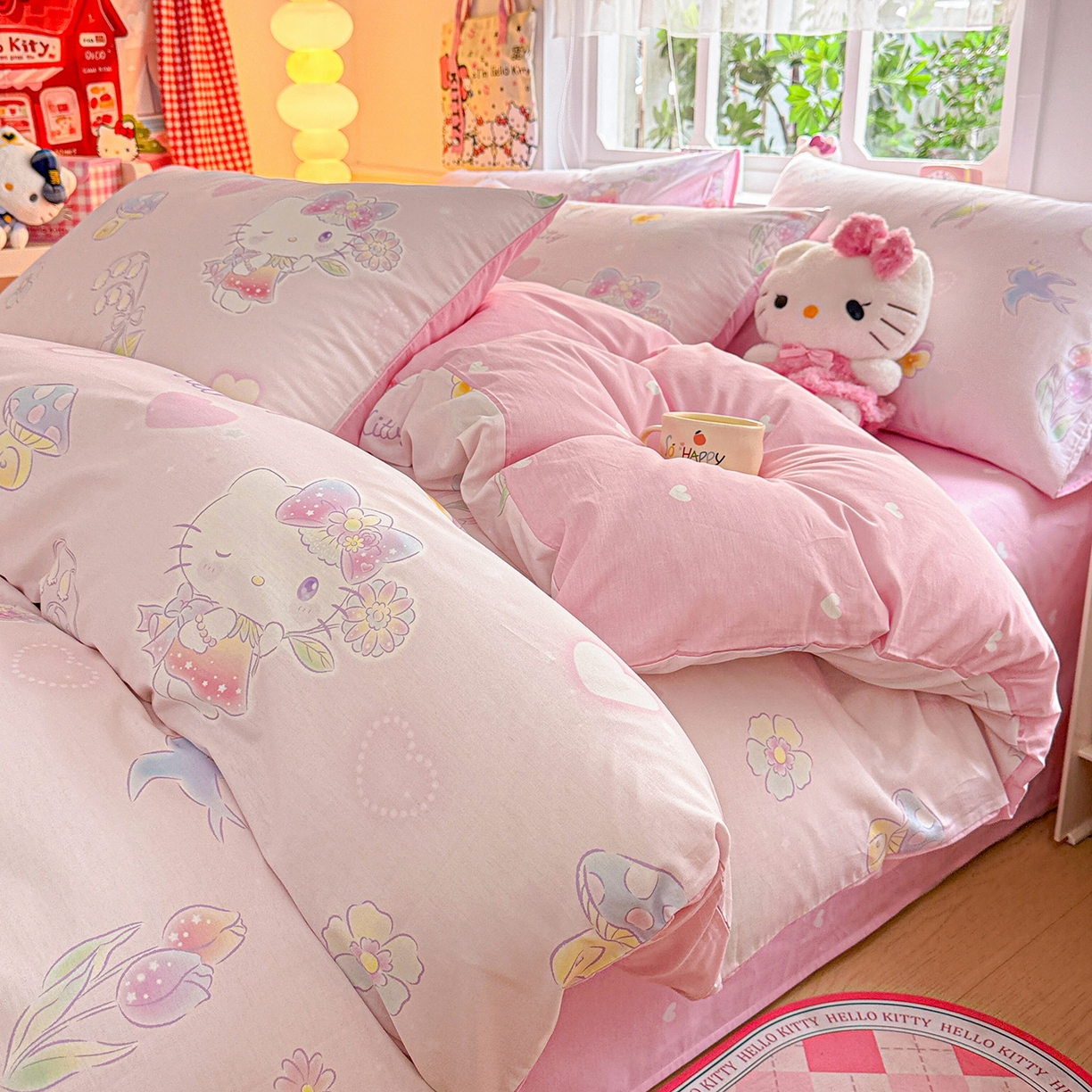 91家纺网 家纺一手货源 找家纺 朵希曼 2026新款三丽鸥全棉印花四件套系列 蘑菇凯蒂