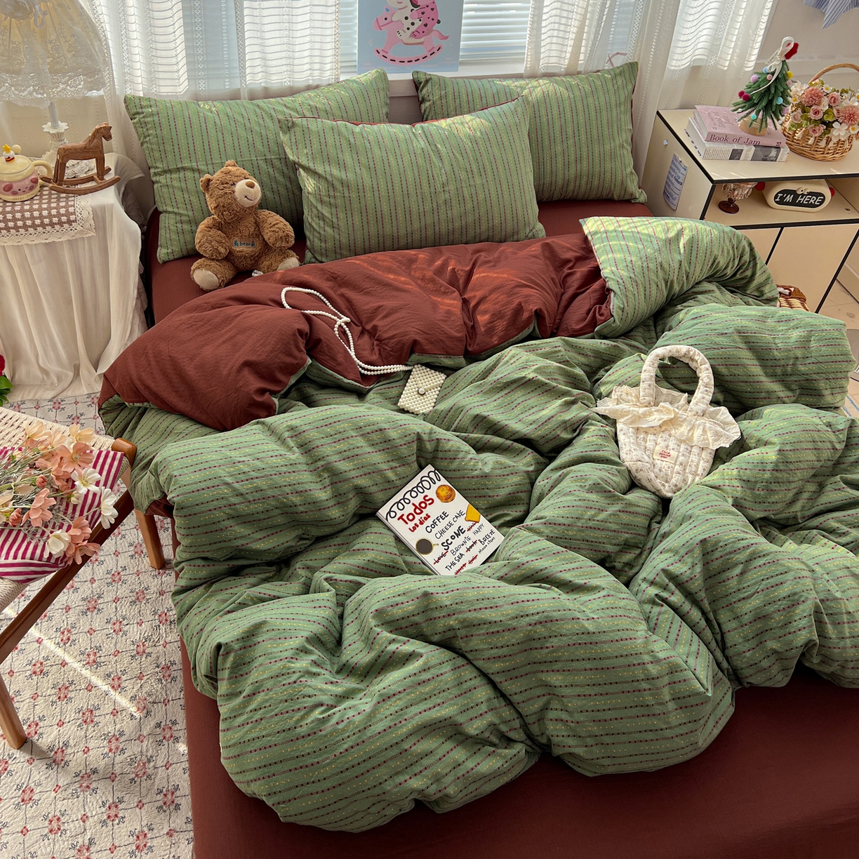 91家纺网 家纺一手货源 找家纺 水木坊 2026新款云感简单款系列四件套 六子棋绿