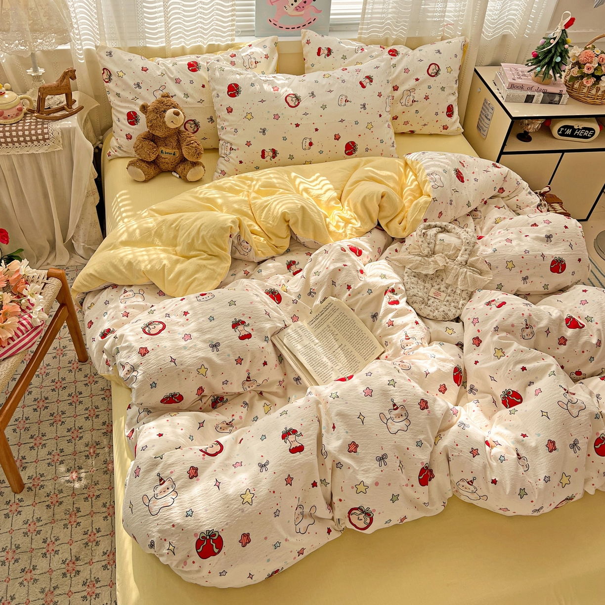 91家纺网 家纺一手货源 找家纺 水木坊 2026新款云感简单款系列四件套 苹果小怪