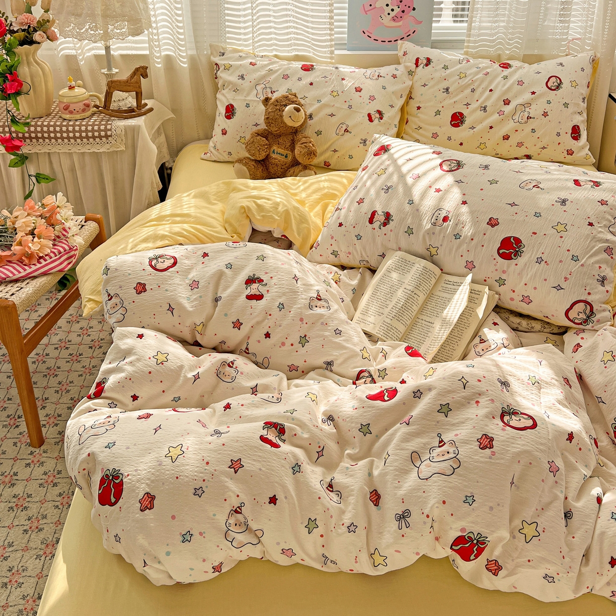 91家纺网 家纺一手货源 找家纺 水木坊 2026新款云感简单款系列四件套 苹果小怪