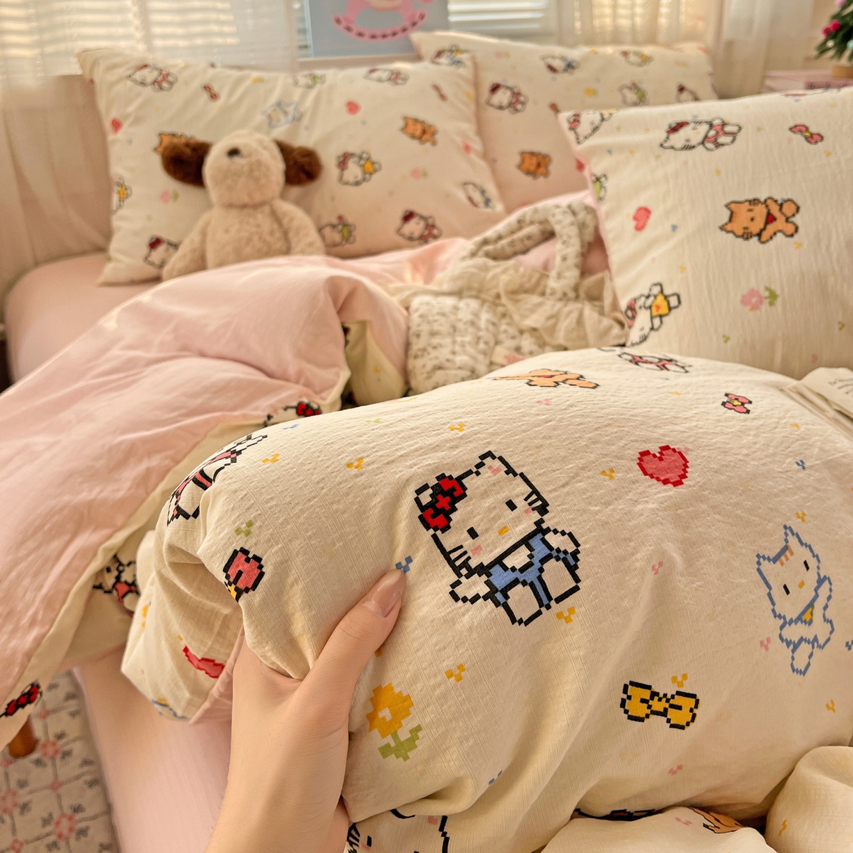 91家纺网 家纺一手货源 找家纺 水木坊 2026新款云感简单款系列四件套 像素小猫