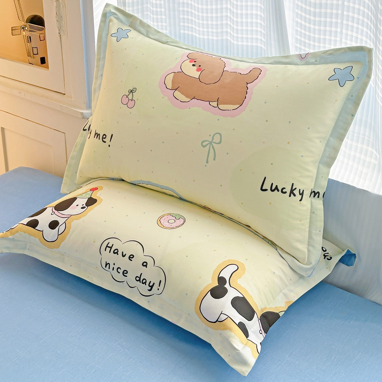 91家纺网 家纺一手货源 找家纺 春雨家居 2026新款全棉印花ins减龄可爱小清新单枕套 奶油羞羞狗