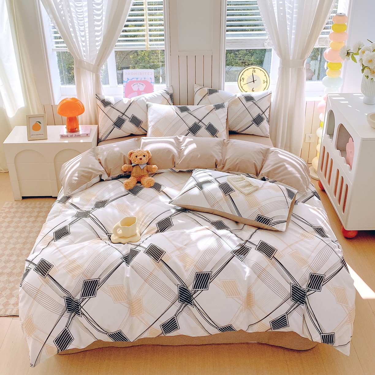 91家纺网 家纺一手货源 找家纺 小懒猪 2026新款全棉印花北欧风系列四件套 铂格纹