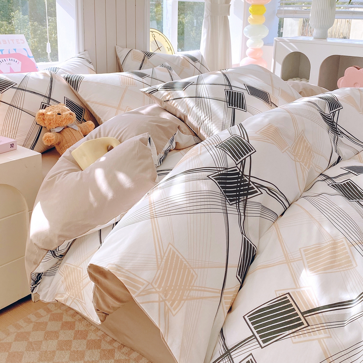 91家纺网 家纺一手货源 找家纺 小懒猪 2026新款全棉印花北欧风系列四件套 铂格纹