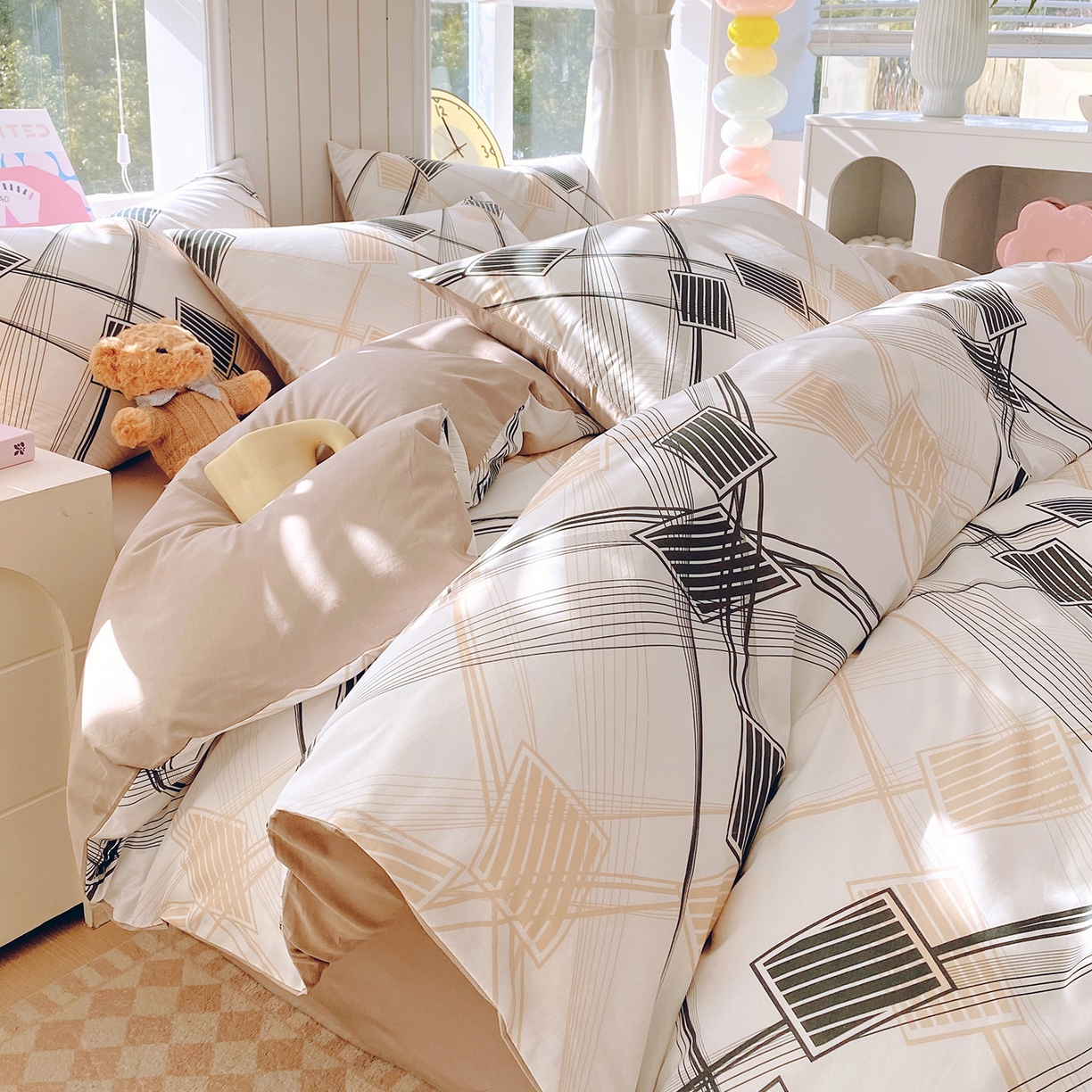 91家纺网 家纺一手货源 找家纺 小懒猪 2026新款全棉印花北欧风系列四件套 铂格纹