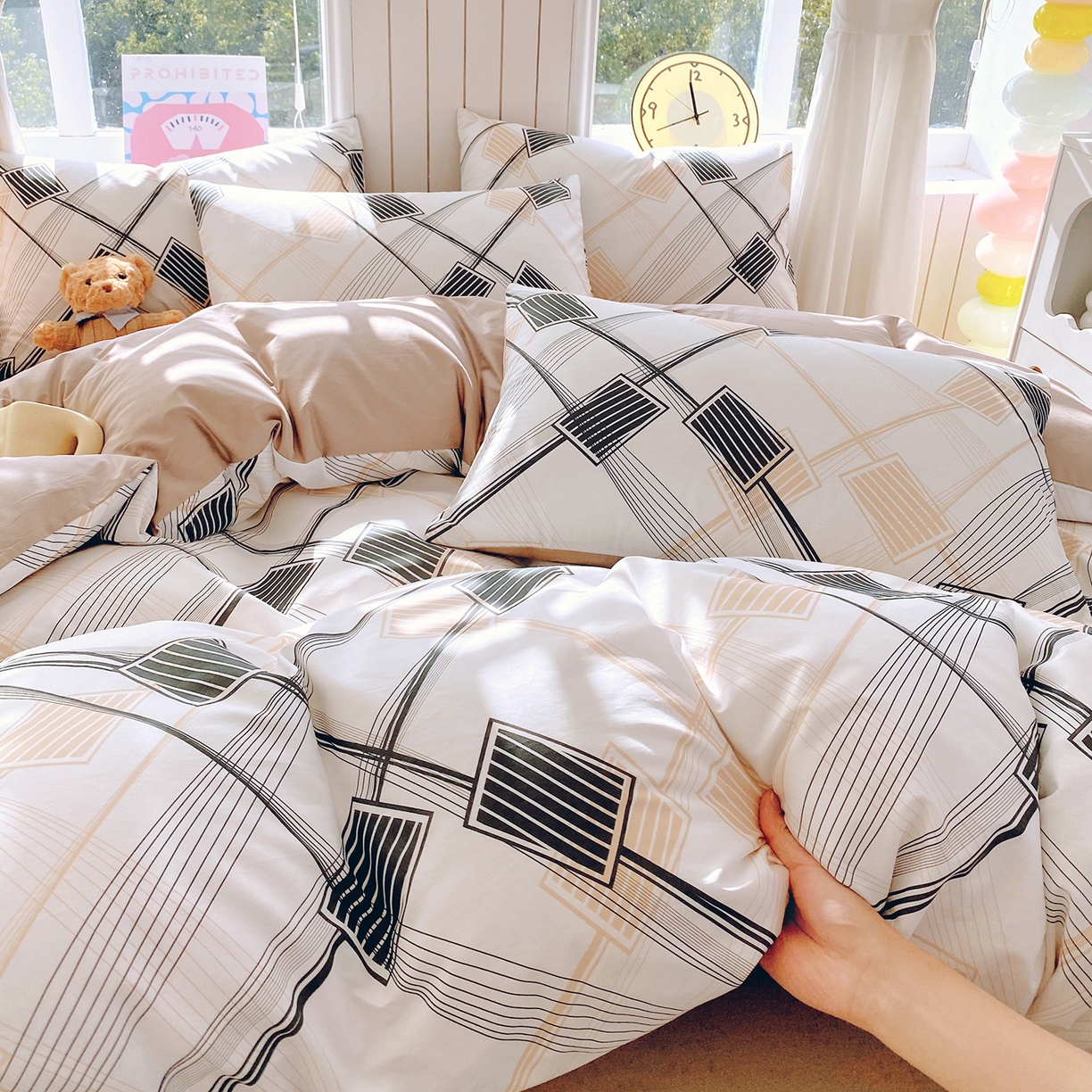 91家纺网 家纺一手货源 找家纺 小懒猪 2026新款全棉印花北欧风系列四件套 铂格纹