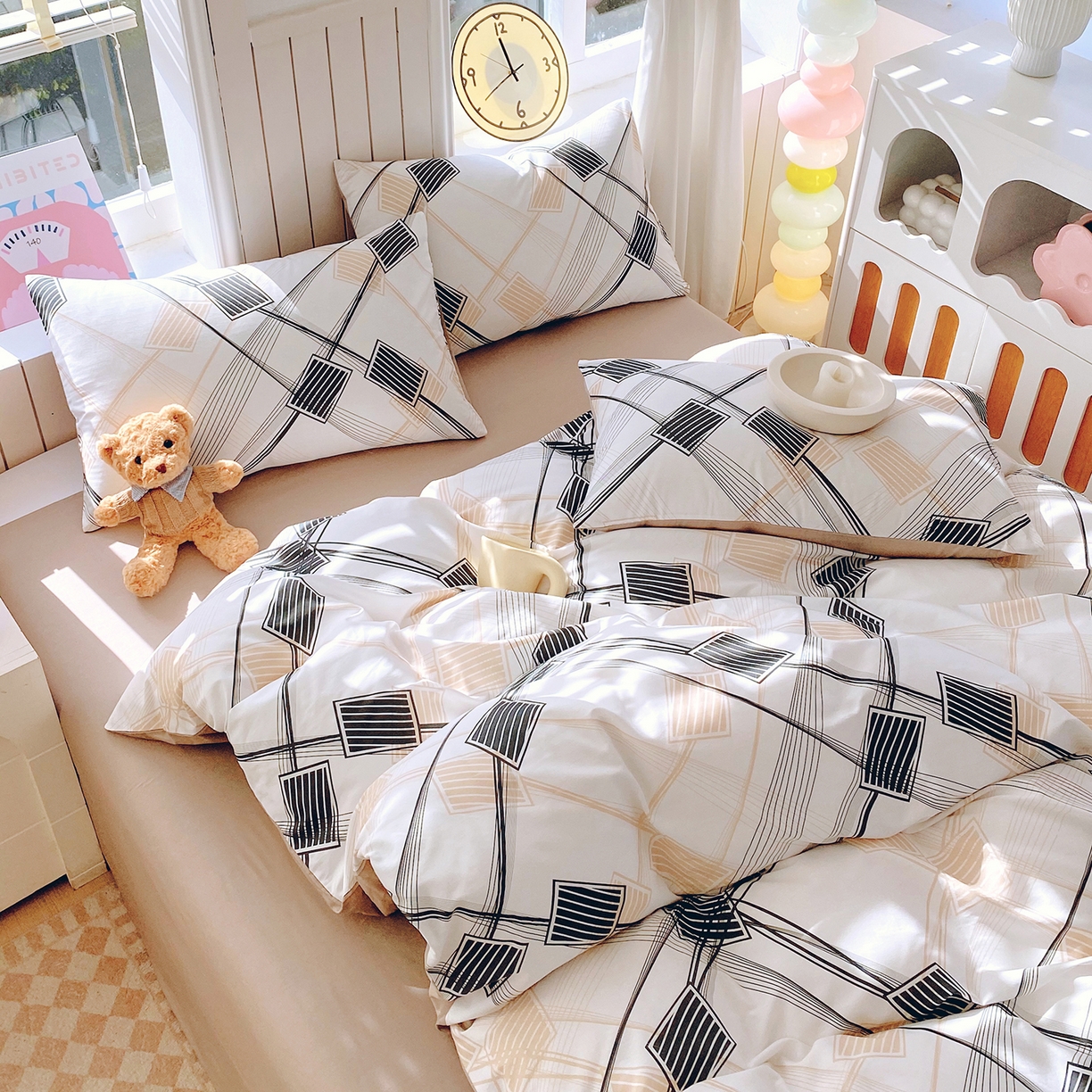 91家纺网 家纺一手货源 找家纺 小懒猪 2026新款全棉印花北欧风系列四件套 铂格纹