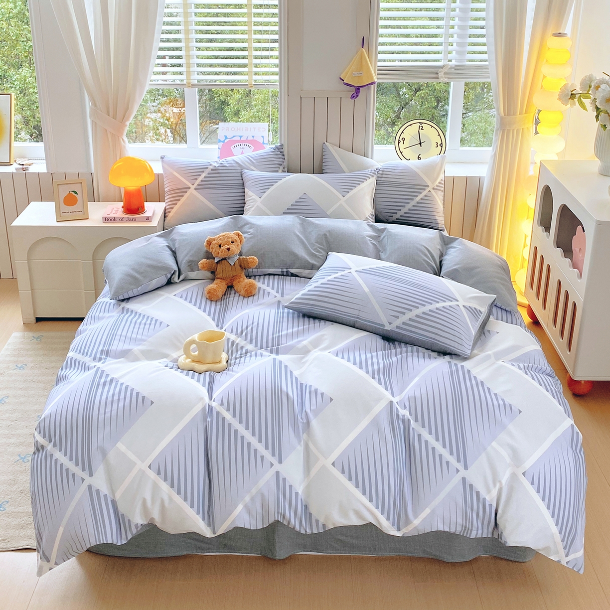 91家纺网 家纺一手货源 找家纺 小懒猪 2026新款全棉印花北欧风系列四件套 蓝灰格序