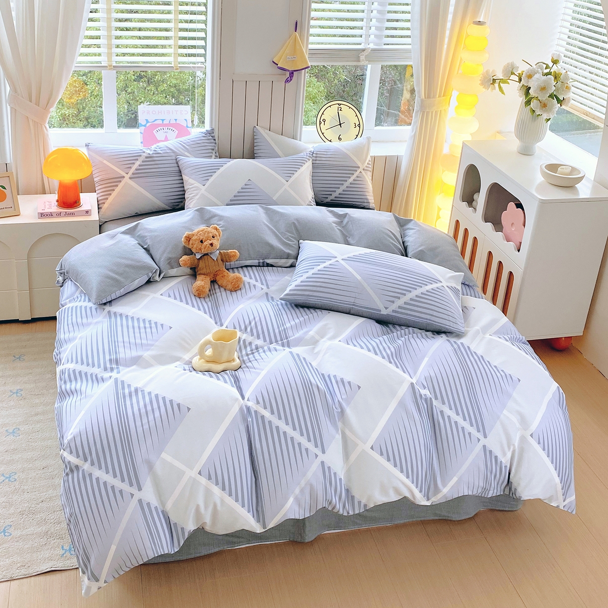 91家纺网 家纺一手货源 找家纺 小懒猪 2026新款全棉印花北欧风系列四件套 蓝灰格序