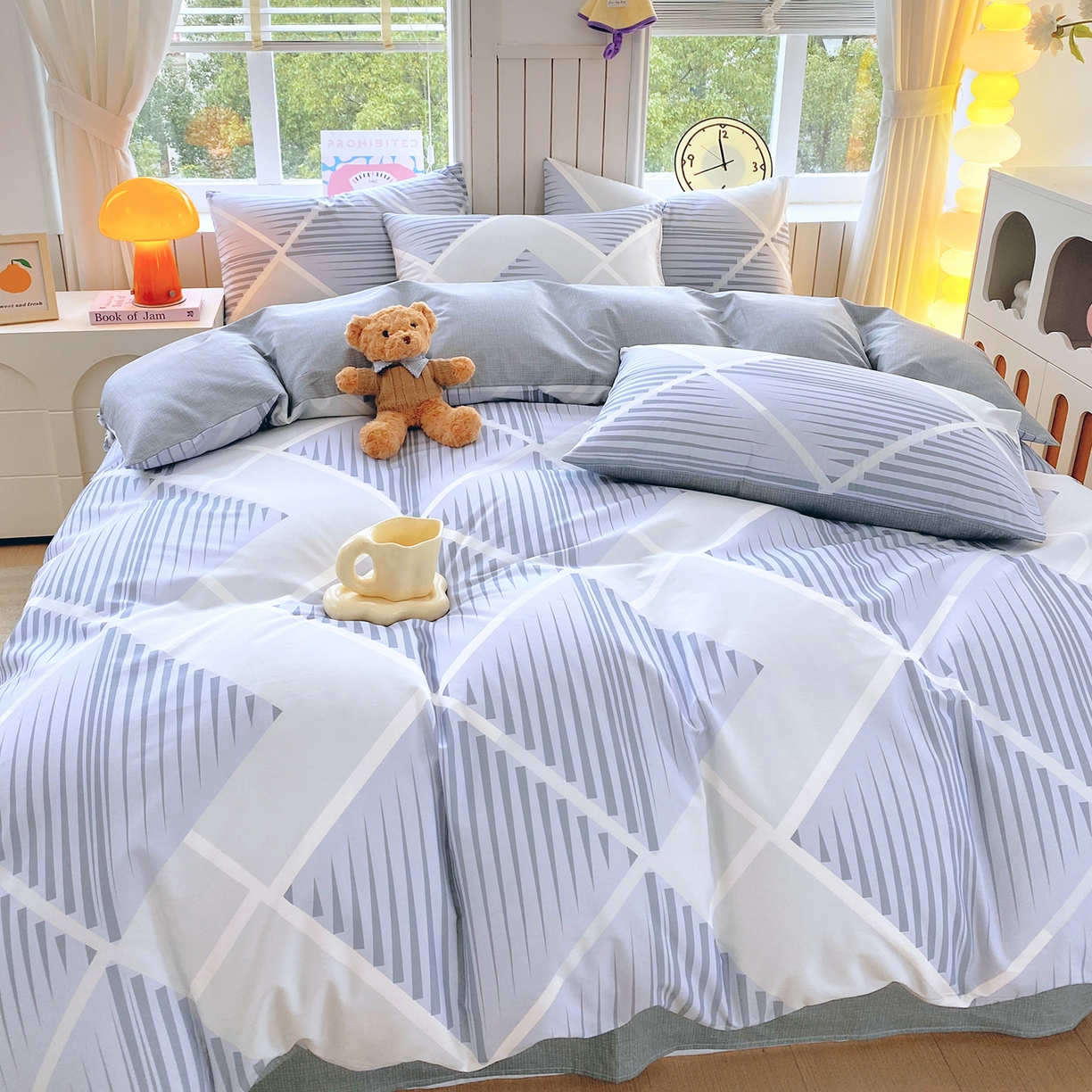 91家纺网 家纺一手货源 找家纺 小懒猪 2026新款全棉印花北欧风系列四件套 蓝灰格序