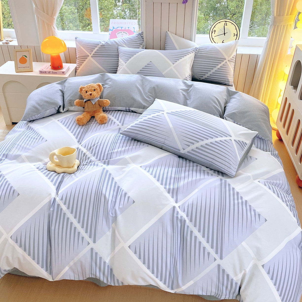 91家纺网 家纺一手货源 找家纺 小懒猪 2026新款全棉印花北欧风系列四件套 蓝灰格序