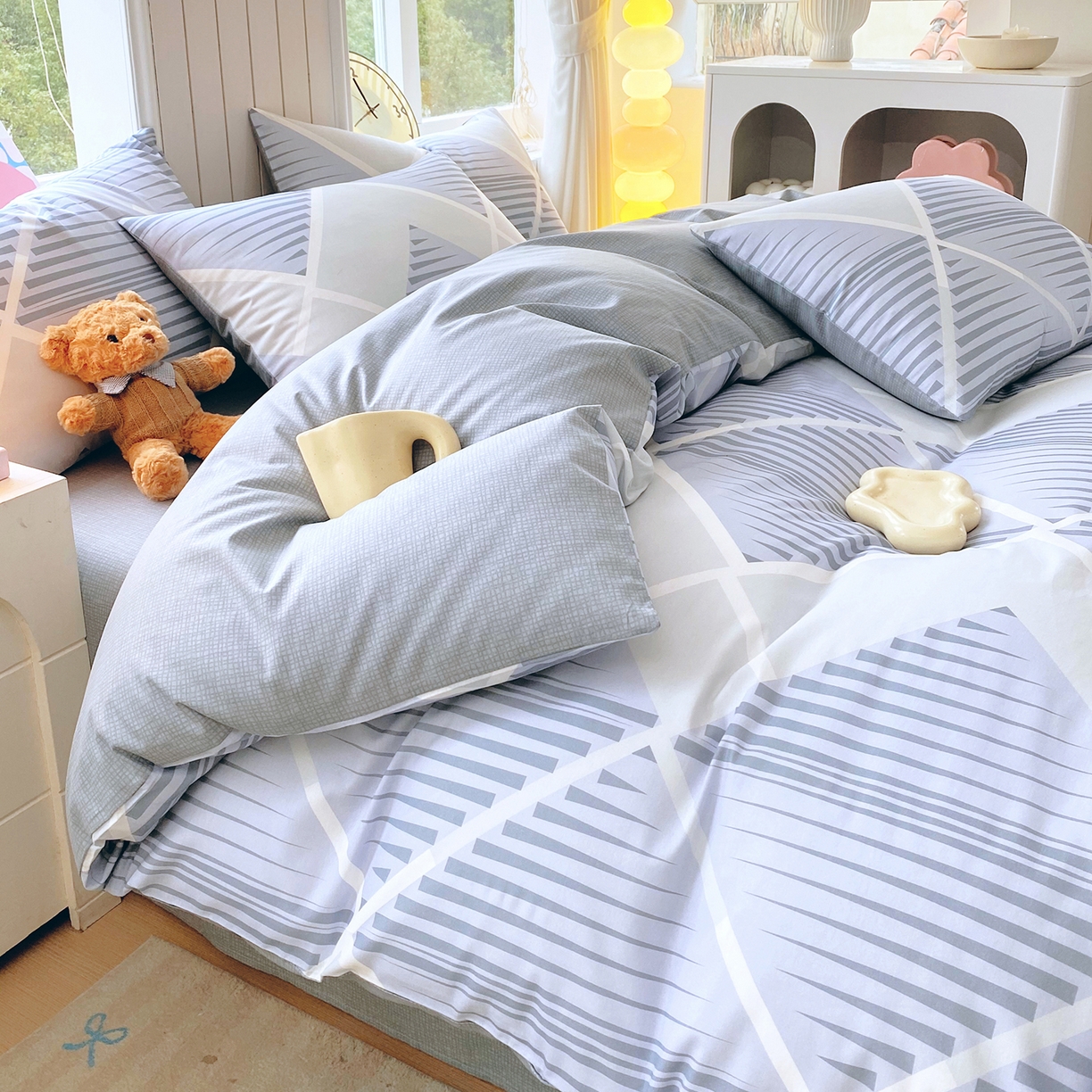 91家纺网 家纺一手货源 找家纺 小懒猪 2026新款全棉印花北欧风系列四件套 蓝灰格序