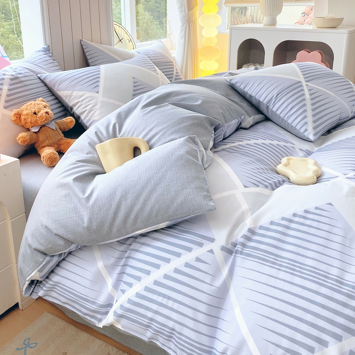 91家纺网 家纺一手货源 找家纺 小懒猪 2026新款全棉印花北欧风系列四件套 蓝灰格序